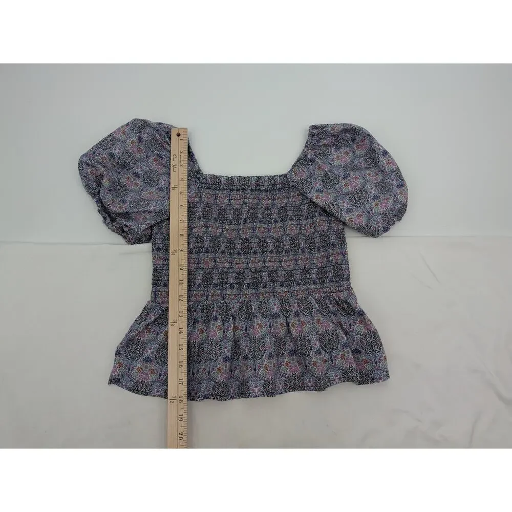 J. Crew Smocked Squareneck Organic Cotton Top Liberty Club Nouveau Fabric Preppy